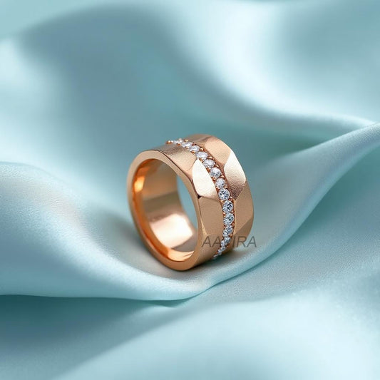 Geometric Rose Gold Band | Wide Textured Diamond Simulant Ring | Modern Statement Ring | Unique Wedding Band | Anniversary Gift for Him/her