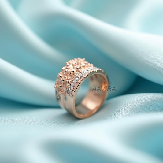 14k Rose Gold Over Textured Band Ring | Sparkling Diamond/CZ Pave Statement Ring | Unique Wide Wedding Band | Organic Design Ring For Her