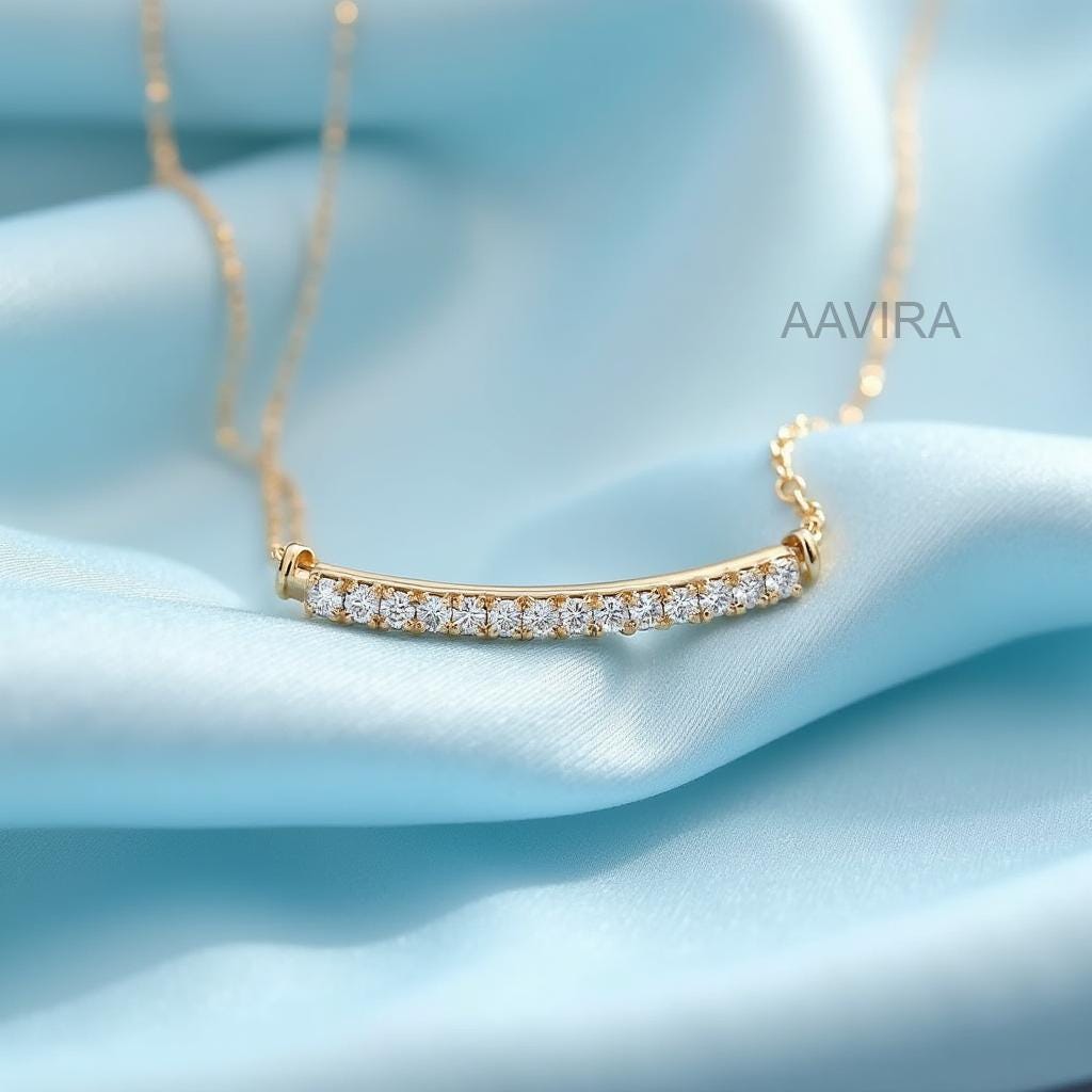 Bar Diamond Necklace for Women, Curved bar Necklace with Diamond, Layering Necklace, Daily Wear Necklace,  Pave Bar Necklace, Gift for Her