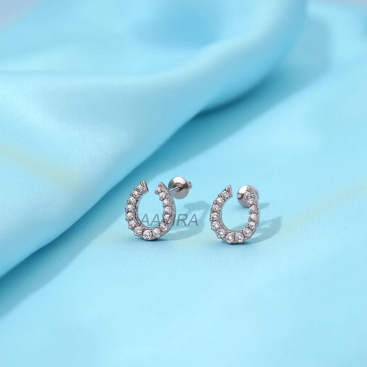 Lucky Horseshoe Stud Earrings, Sterling Silver Pave CZ Earrings, Dainty Good Luck Charm, Equestrian Jewelry Gift for Her, Minimalist Studs