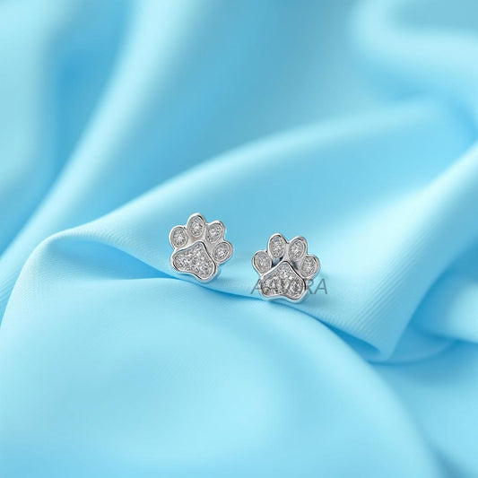 Paw Print Stud Earrings, Pave CZ Dog Paw Earrings, Cat Paw Jewelry, Dainty Pet Lover Gift, Animal Lover Studs, Sterling Silver, Kitty Lover