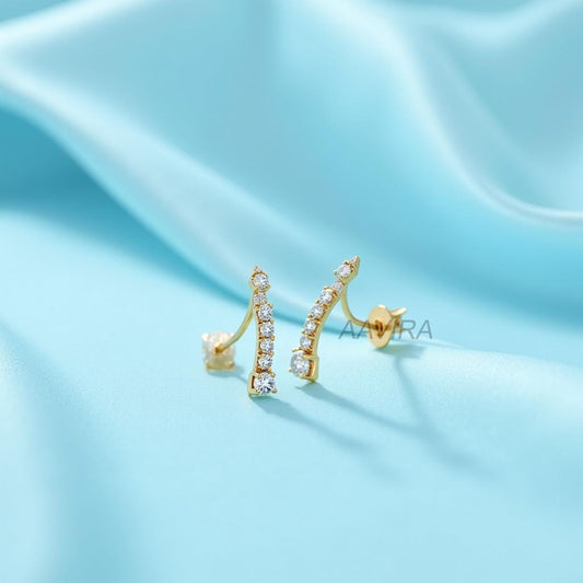Graduated Ear Climber Earrings, Dainty Diamond Crawler Studs, Minimalist Line Earrings, Everyday Pave Ear Pin, Gift for Her, Pave Earrings