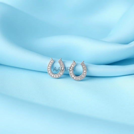 Sterling Silver Lucky Horseshoe Stud Earrings, Dainty Pave CZ Good Luck Charm, Equestrian Gift, Minimalist Studs for Her,  Unique Earrings