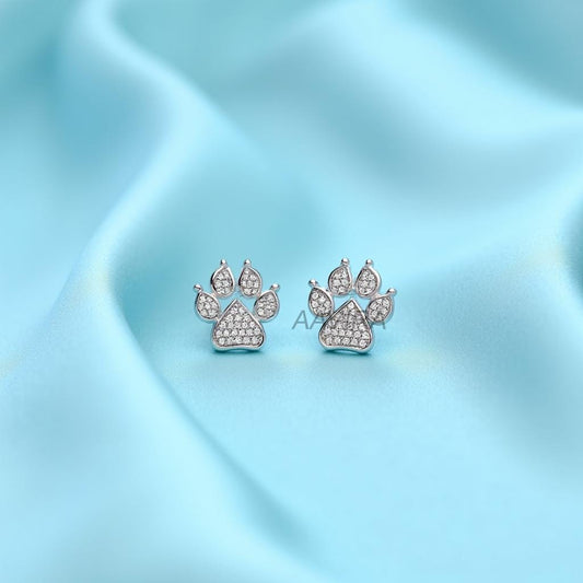 Paw Print Stud Earrings, Sterling Silver, Dainty Dog Paw & Cat Paw Jewelry, Sparkling Pet Lover Gift, Animal Lover Studs for Her, Unique Ear