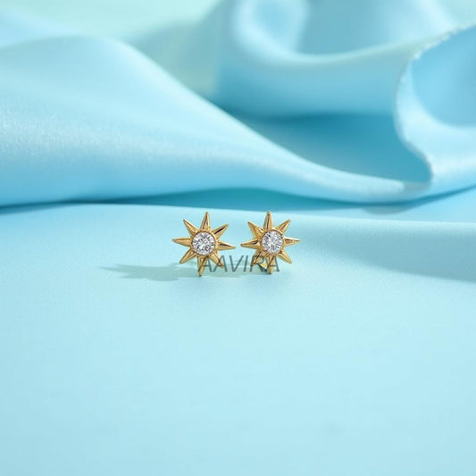 14k Gold Plated Starburst Stud Earrings, Dainty Pave CZ Celestial Studs, Sparkling Star Earrings, Sterling Silver, Gift for Her | Unique Ear