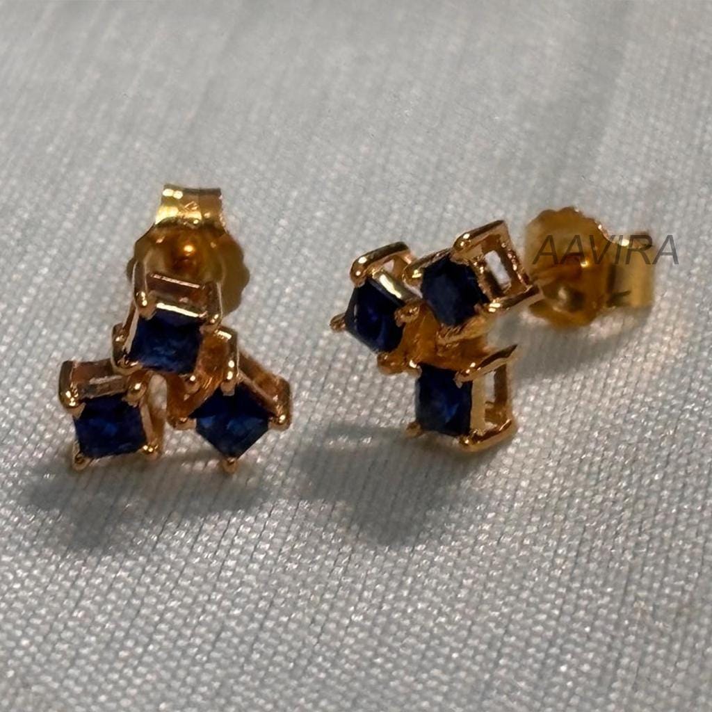 Blue Sapphire Princess Cut Stud Earrings, Blue Sapphire Earrings, September Birthstone, Sapphire Stud Earring, Push Back Earring for her