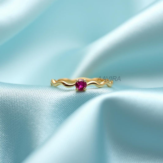 Solitaire Ruby Engagement Ring, Dainty Wavy Band Ring, Ruby Birthstone Ring, Minimalist Gemstone Ring, 14k Yellow Gold Plated, tiny Ring