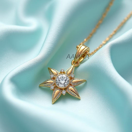 Round Cut Starburst Charm Necklace | 14k Gold Plated CZ Crystal Celestial Pendant | Dainty Delicate Everyday Sparkle | Gift for Women