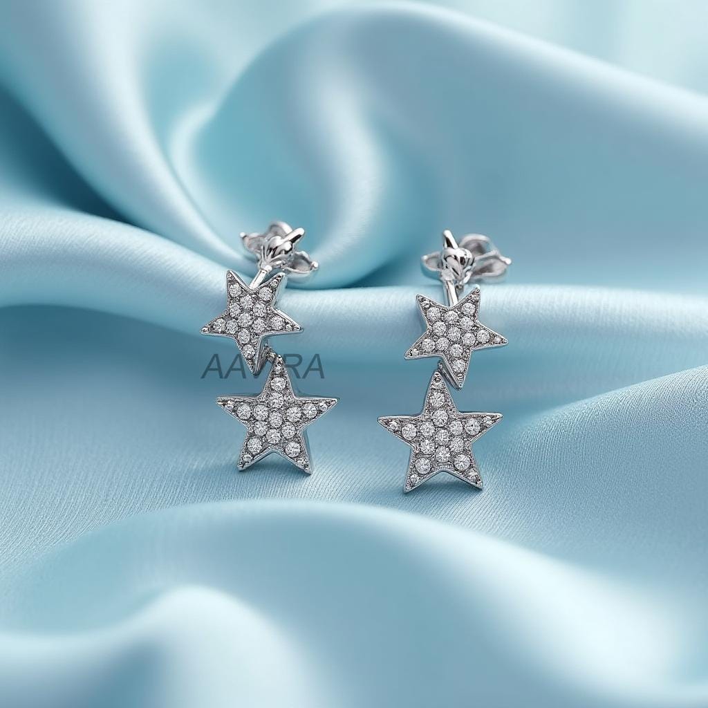 Dainty Double Star Drop Earrings ƒ?› 925 Sterling Silver Pave CZ ƒ?› Celestial Dangle Studs ƒ?› Everyday & Festive Jewellery ƒ?› Gift for Her