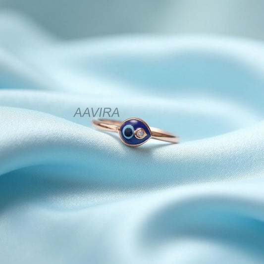 Teardrop Evil Eye Ring | Dainty Protection Ring with Diamond Accent | Modern Minimalist Good Luck Charm | Spiritual Gift for Her