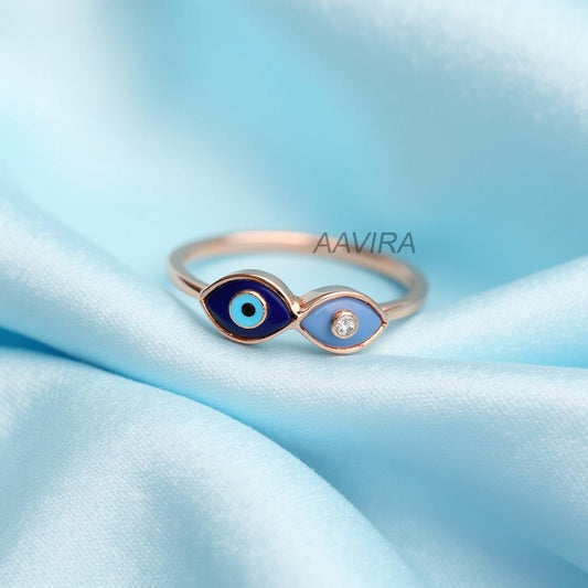 Dual Evil Eye Ring | Dainty Protection Ring with Diamond Accent | Two-Tone Blue Good Luck Charm | Spiritual Gift for Her | Women's Ring