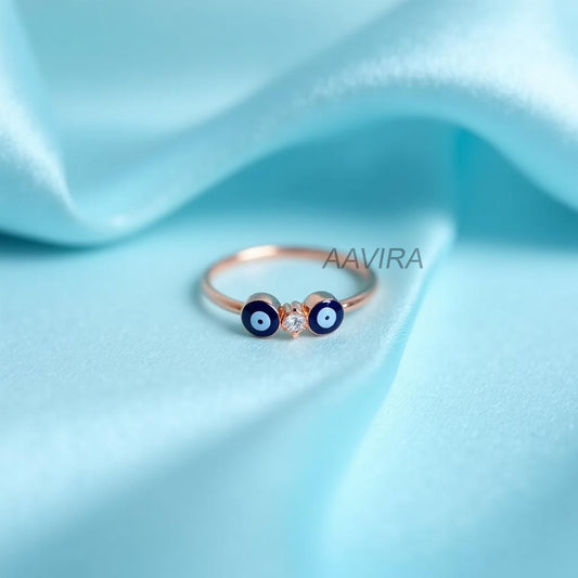 Double Evil Eye Ring with Diamond | Dainty Protection Ring | Good Luck Charm Gift for Her | Everyday Spiritual Jewelry | Protection Ring