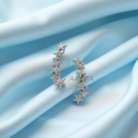 Cascading Star Ear Climber Earrings | Sparkling Cubic Zirconia Celestial Ear Cuff | Sterling Silver Crawler Earrings | Unique Gift for Her