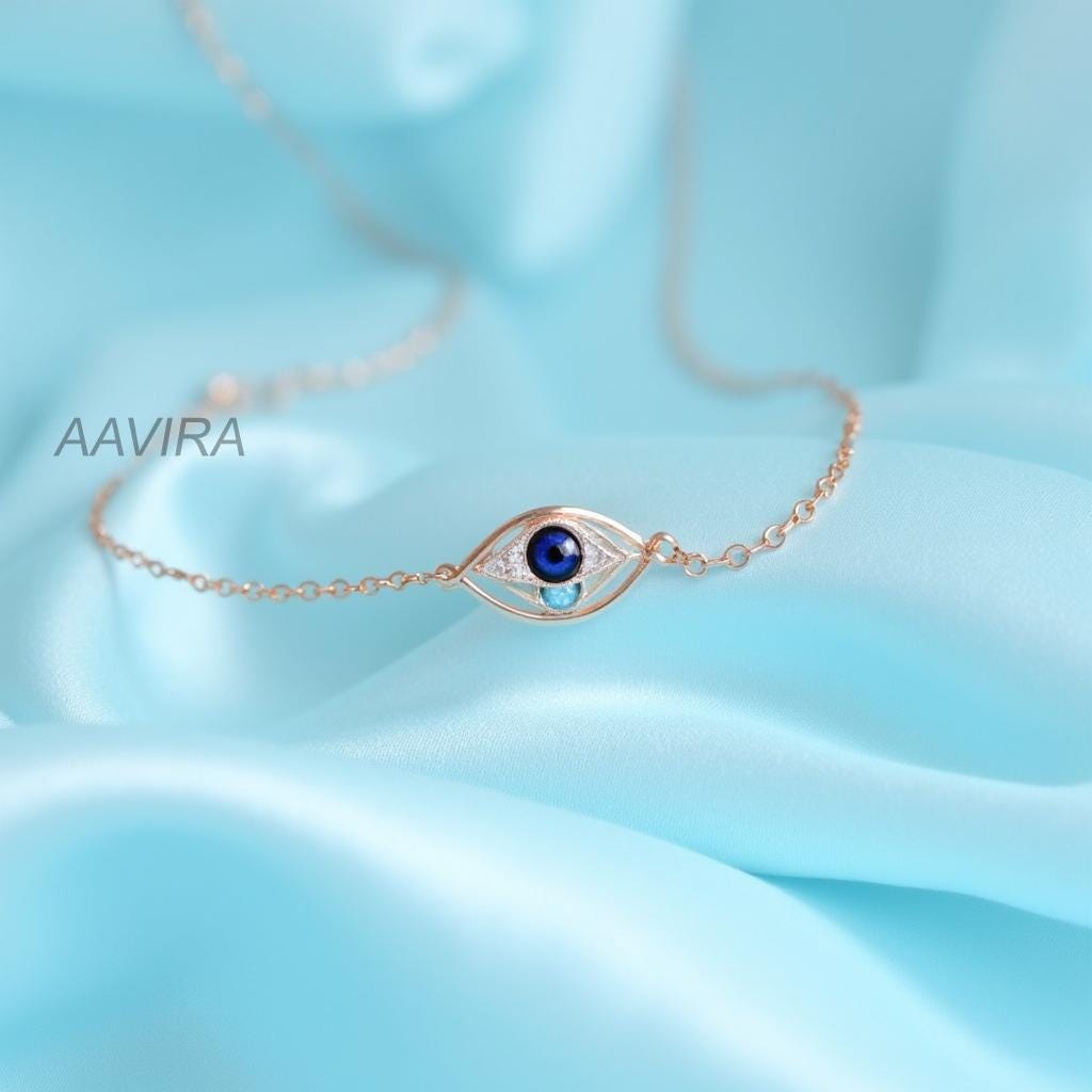Evil Eye Bracelet with Diamonds & Blue Accents | Dainty Protection Charm Bracelet | Good Luck Spiritual Jewelry Gift for Her