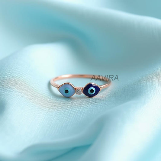 Double Evil Eye Ring with Diamond | Dainty Protection Good Luck Ring | Unique Spiritual Jewelry Gift for Her| Double Evil Eye Ring