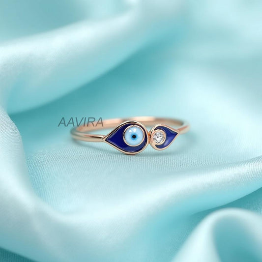 Open Bypass Evil Eye Ring with Diamond | Dainty Protection Good Luck Ring | Unique Spiritual Gift for Her | Lucky Charm Ring | Blue Evil Eye