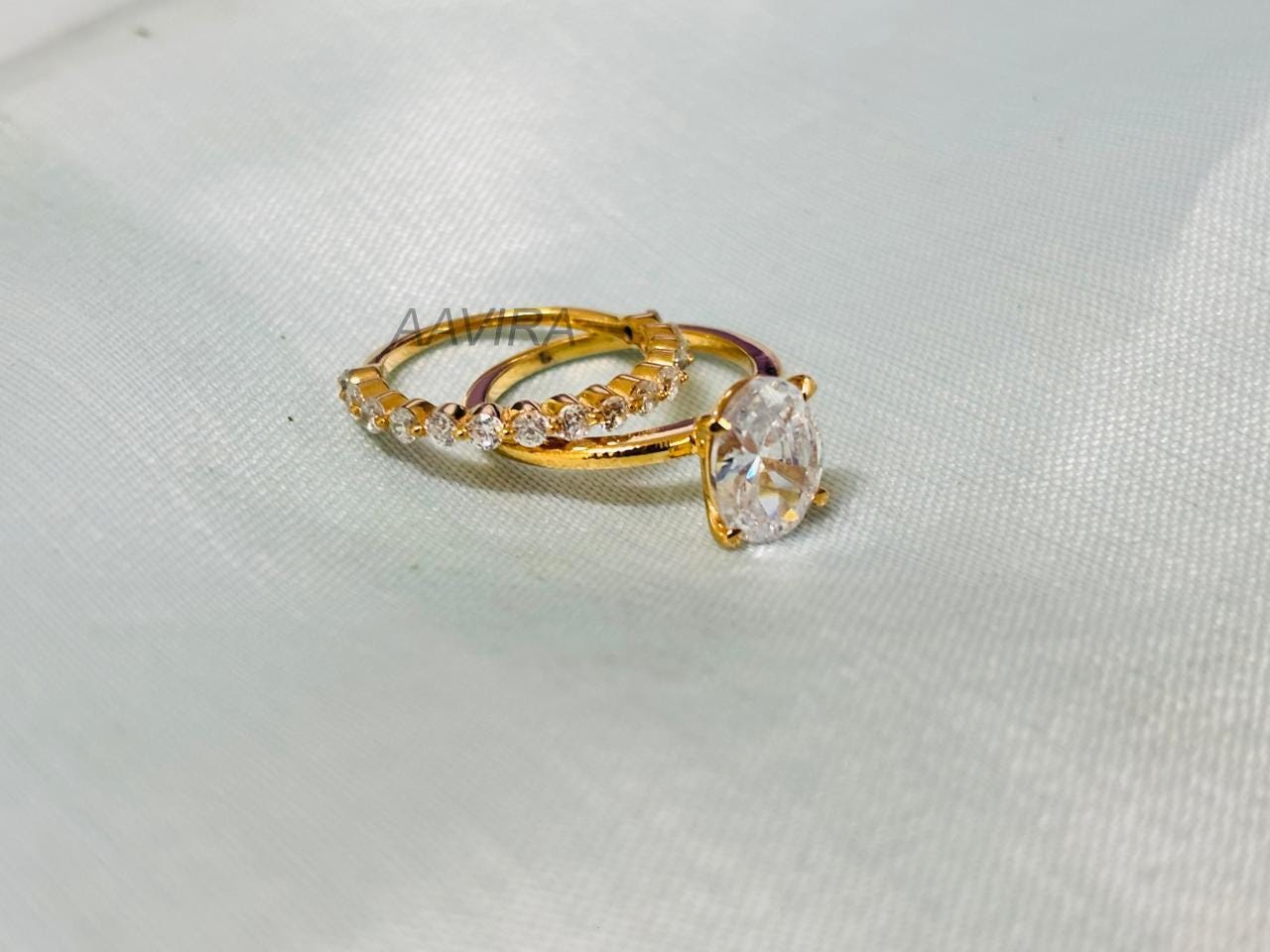 Oval Cut Engagement Ring Set | Eternity Wedding Band | Dainty Bridal Ring Set | Oval Solitaire with Accent Band | Anniversary Gift