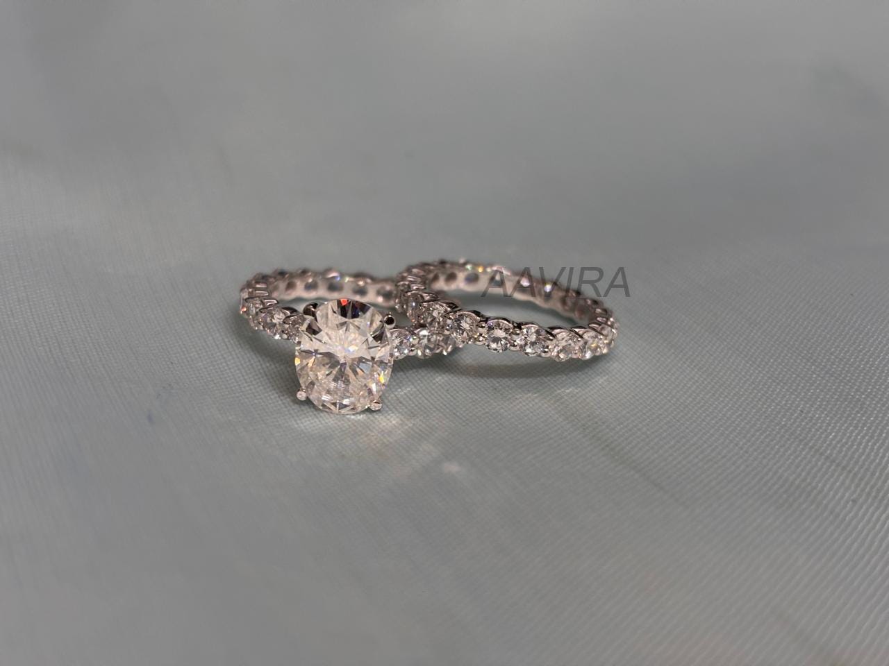 Engagement Ring Set | Sterling Silver Bridal Set | Oval Cut Eternity Wedding Band | Dainty Solitaire Ring | Anniversary Ring Gift | Gift