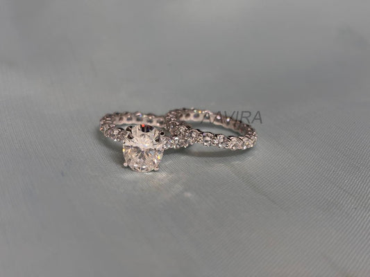 Engagement Ring Set | Sterling Silver Bridal Set | Oval Cut Eternity Wedding Band | Dainty Solitaire Ring | Anniversary Ring Gift | Gift