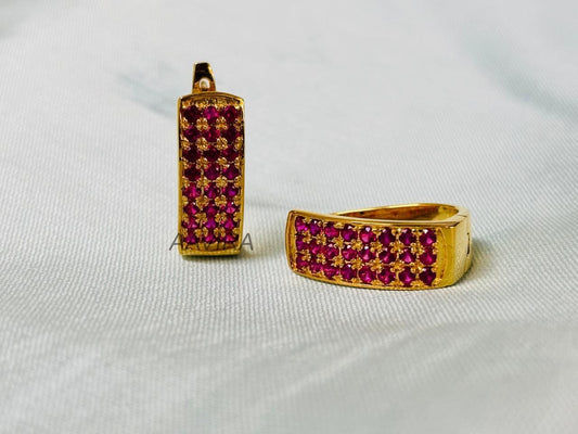 Ruby Red Stone Hoop Earrings | Channel Set Huggie Hoops | Rectangular Earrings | Dainty Gemstone Hoops | Unique Hoop Earrings | Women's Ear