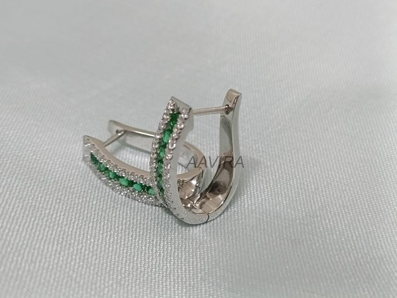 Emerald Green & Diamond Hoop Earrings | Sterling Silver Channel Set Huggies | Dainty Gemstone Hoops | Art Deco Style Earrings | Gift For Her