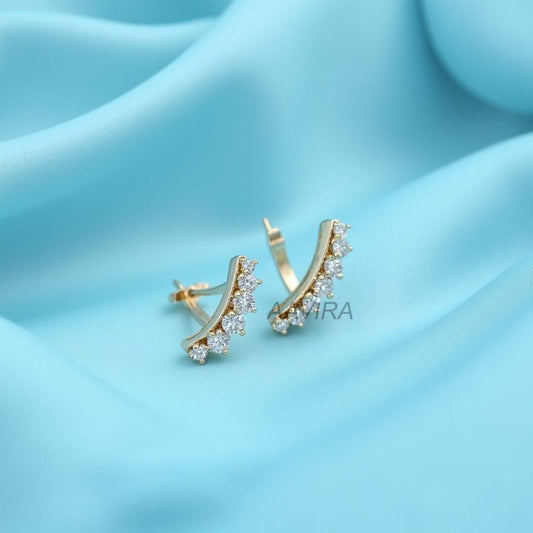 Curved Bar Stud Earrings | Sparkling Diamond/CZ Climber Earrings | Minimalist Ear Cuff Style Studs | Everyday Sparkle Jewelry | Women's Ear