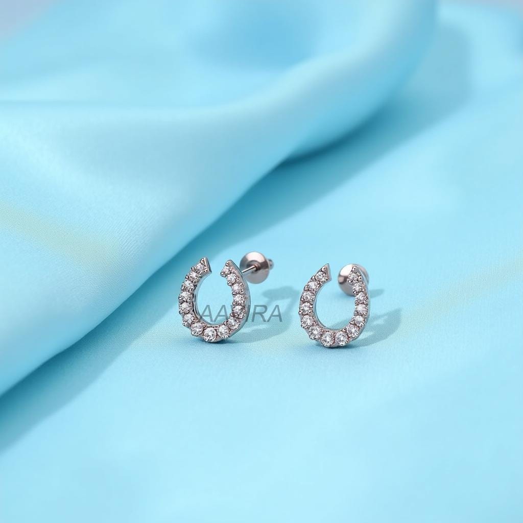 Lucky Horseshoe Stud Earrings, Sterling Silver Pave CZ Earrings, Dainty Good Luck Charm, Equestrian Jewelry Gift for Her, Minimalist Studs
