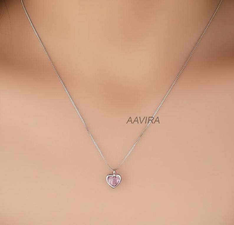 Pink Heart Necklace, Pink Sapphire Bezel Set Heart Gemstone Necklace Pendant for Women, Birthstone Necklace, 925 Silver Pendant for Mom