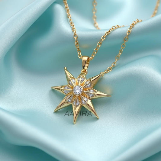 Starburst Pendant Necklace | 14k Gold Plated CZ Crystal Celestial Charm | Dainty Everyday Necklace | Gift for Her | Minimalist Necklace