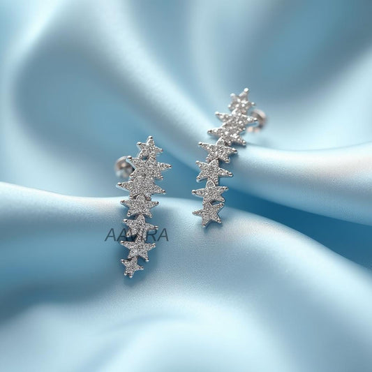 Dazzling Double Star Ear Climber Earrings | Pave CZ Silver Tone Crawlers | Celestial Cascade Earrings | Unique Gift for Her | Ear Cuff Style