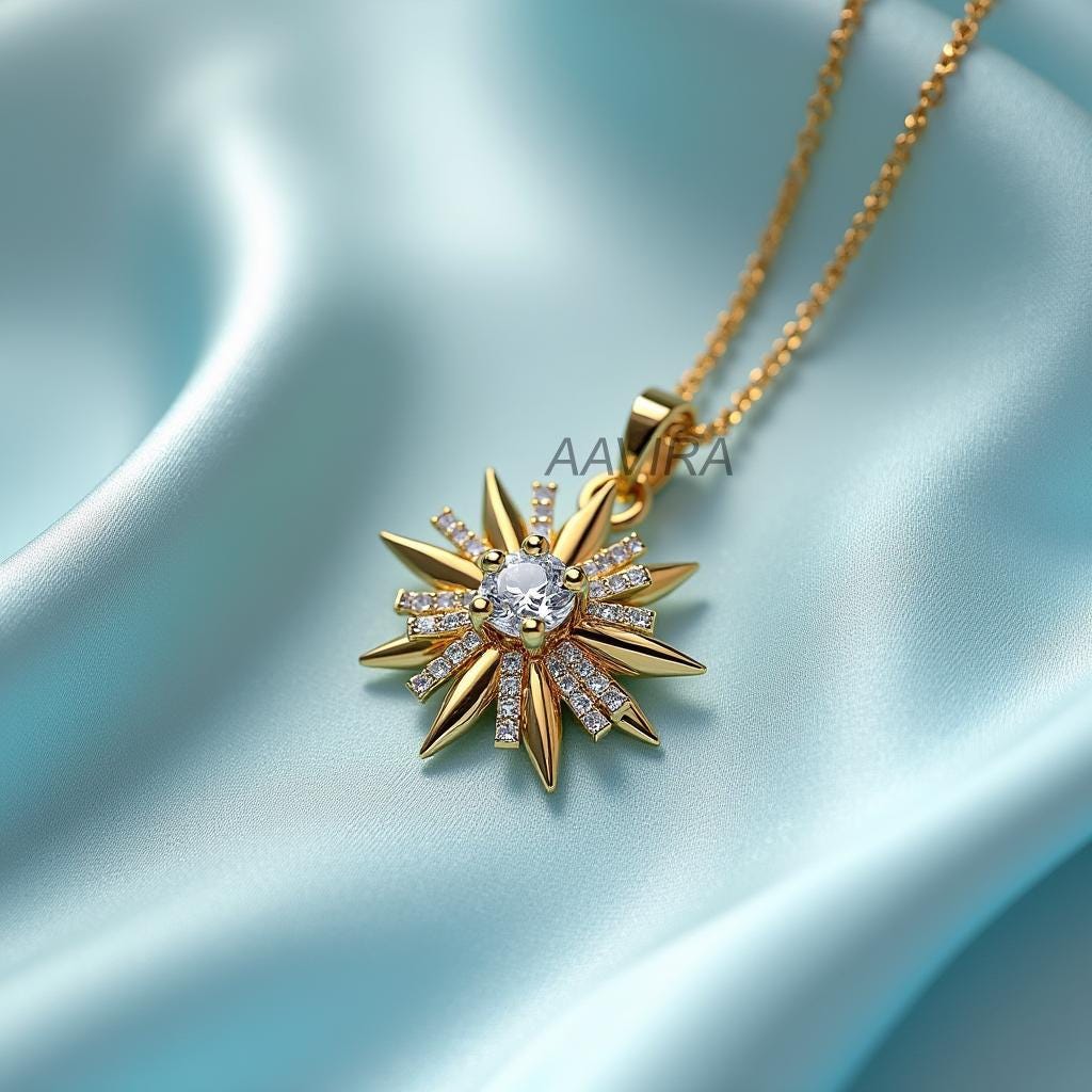 Round Diamond Pendant | Starburst Pendant Necklace | Gold Plated CZ Crystal Sunburst Charm | Dainty Everyday Jewelry | Gift for Her