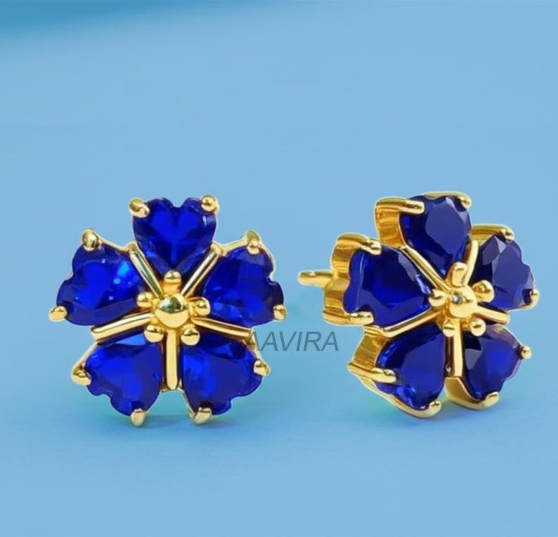 Sapphire Stud Earrings, Heart Stud Sapphire Earrings, Flower Stud Earrings, September Birthstone, Yellow Gold Heart Shape Dainty Earrings