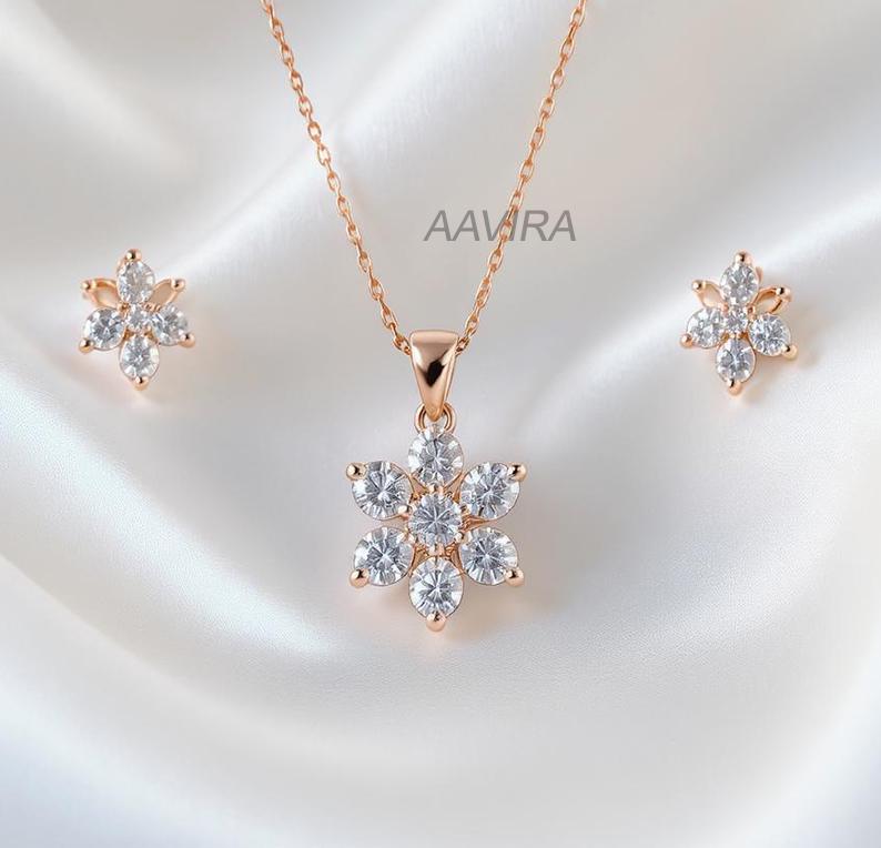 Six-Petal Floral Set, Moissanite Snowflake Necklace, Moissanite Stud Earrings, Moissanite Diamond Dainty Set, Bridal Jewelry, Gift for Her