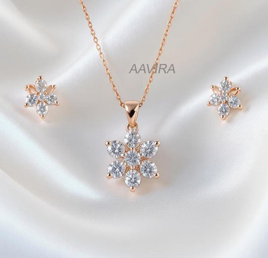 Six-Petal Floral Set, Moissanite Snowflake Necklace, Moissanite Stud Earrings, Moissanite Diamond Dainty Set, Bridal Jewelry, Gift for Her