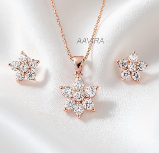 Elegant Diamond Flower Jewelry Set, Wedding Jewelry Set, 14K Rose Gold Necklace & Stud Earrings, Floral Diamond Wedding Set Jewelry for Her