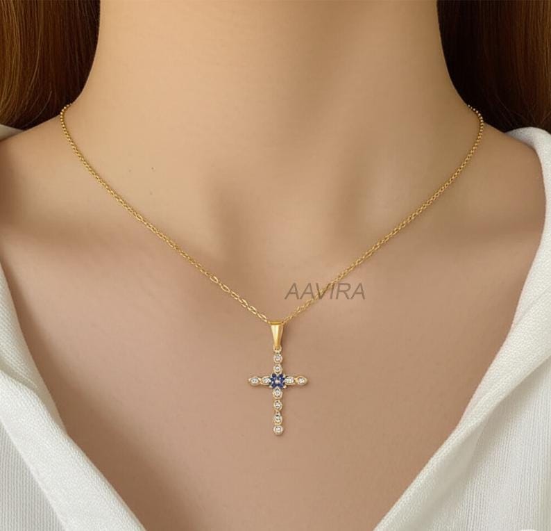 Sapphire Cross Necklace, Minimalist Religious Pendant, Diamond And Sapphire Cross Necklace, Cross Pendant, Graduation Gift, Women's Pendant