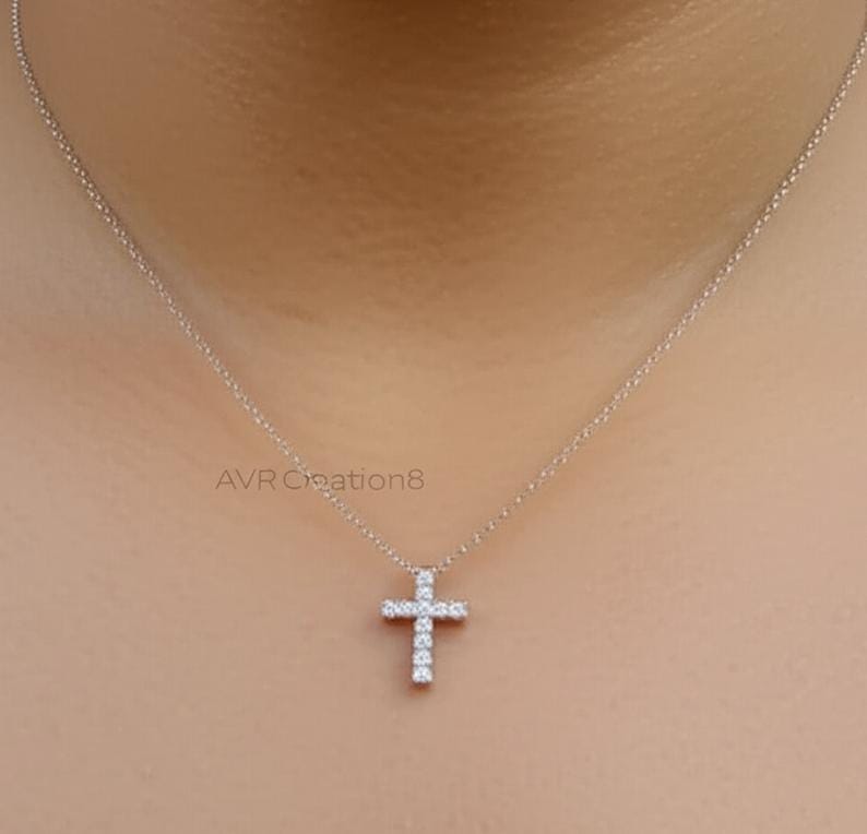 Cross Diamond Pendant Necklace, Minimalist Cross Pendant, 14K White Gold Plated, Handmade Pendant, Pendant For Women, Confirmation Gift