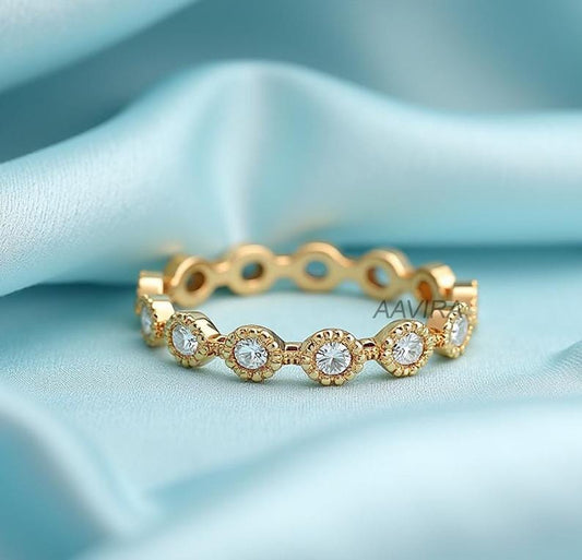 Floral Eternity Ring ƒ?› Half Eternity Flower Band ƒ?› Daisy Wedding Band ƒ?› 14K Yellow Gold Moissanite Stacking Ring ƒ?› Unique Anniversary Gift
