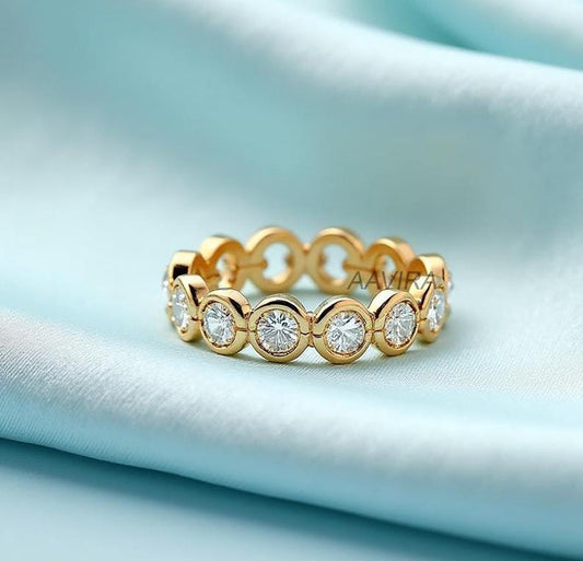 Moissanite Wedding Band ƒ?› 14K Gold Bezel Eternity Ring ƒ?› Stacking Band Ring ƒ?› Minimalist Wedding Band ƒ?› Half Eternity Ring Anniversary Gift