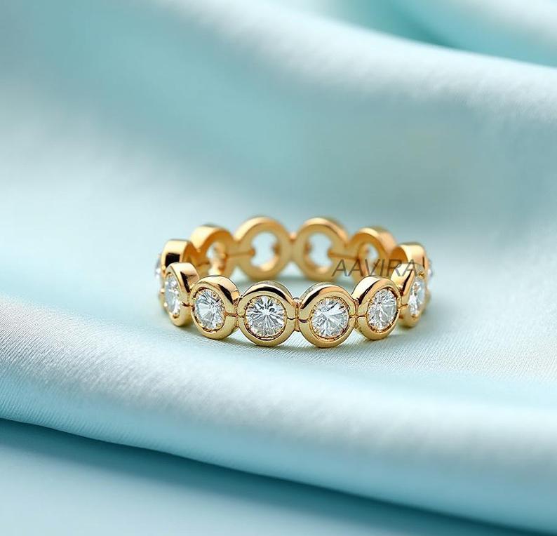 Moissanite Wedding Band ƒ?› 14K Gold Bezel Eternity Ring ƒ?› Stacking Band Ring ƒ?› Minimalist Wedding Band ƒ?› Half Eternity Ring Anniversary Gift