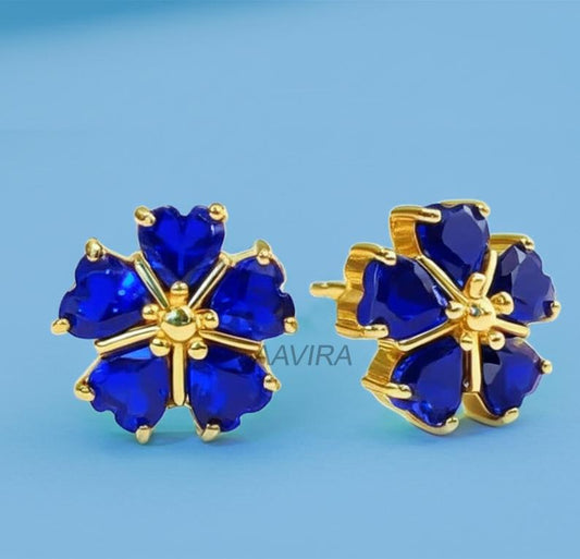 Sapphire Stud Earrings, Heart Stud Sapphire Earrings, Flower Stud Earrings, September Birthstone, Yellow Gold Heart Shape Dainty Earrings