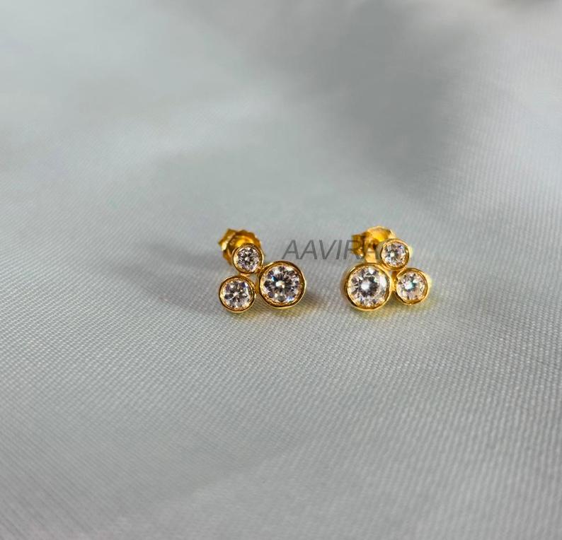 Bezel Set Diamond Stud Earrings For Her, Round Cut Stud Earrings, Three Stone Diamond Earrings, 14K Yellow Gold Plated, Earrings For Women