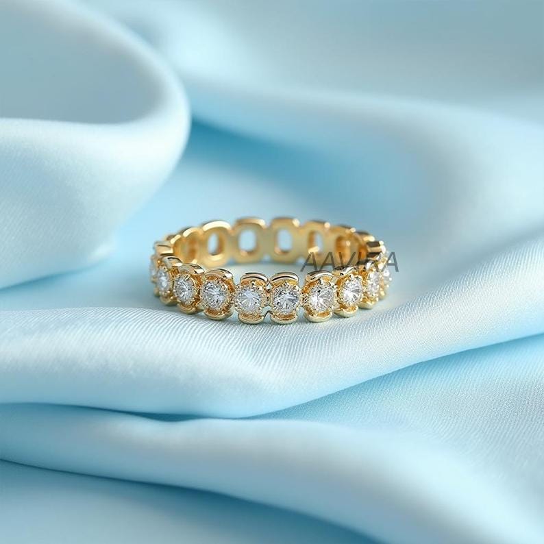 Moissanite Stacking Ring, Dainty Wedding Band, Moissanite Ring, 14K Yellow Gold Unique Eternity Ring, Eternity Promise Ring, Gift for Women