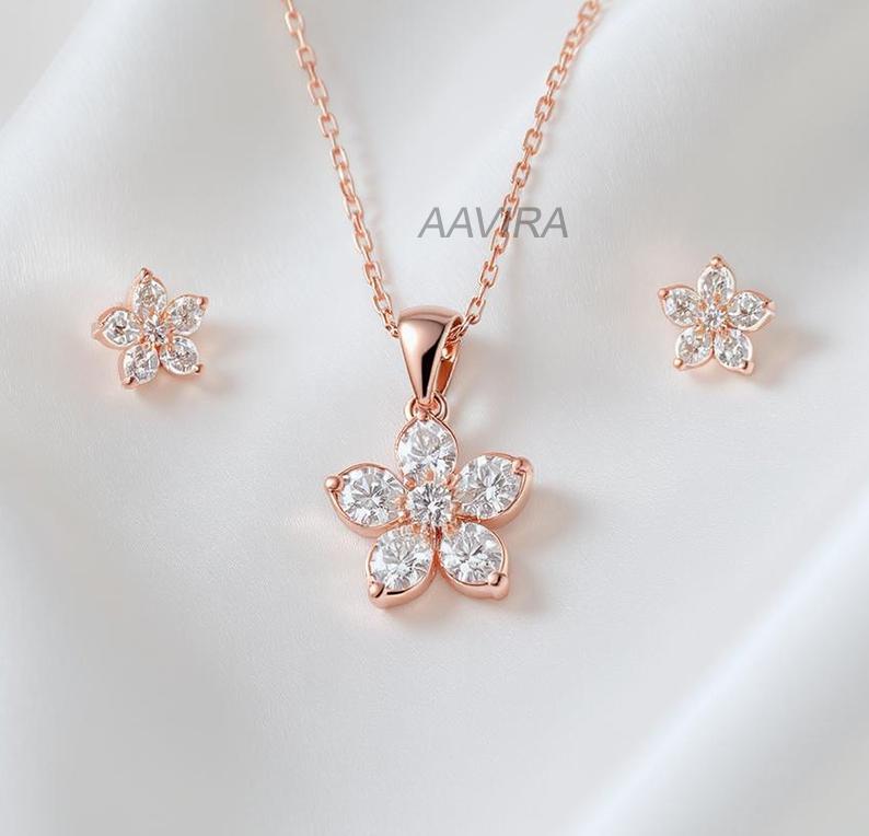 14k Rose Gold Flower Jewelry Set, Moissanite Flower Necklace and Earrings, Moissanite Flower Necklace and Earrings, Bridesmaid Jewelry Set