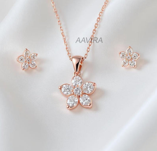 14k Rose Gold Flower Jewelry Set, Moissanite Flower Necklace and Earrings, Moissanite Flower Necklace and Earrings, Bridesmaid Jewelry Set