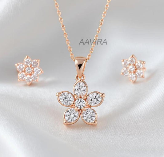 Sparkling Diamond Flower Jewelry Set, 14K Rose Gold Necklace and Stud Earrings, Cubic Zirconia Floral Set, Gift for Her, Wedding Jewelry
