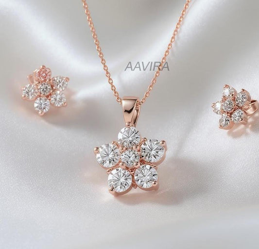 Cluster Diamond Wedding Jewelry Set, 14k Gold Flower Shape Necklace & Stud Jewelry Set, Wedding Gifts, Anniversary Gifts, Pendant Necklace