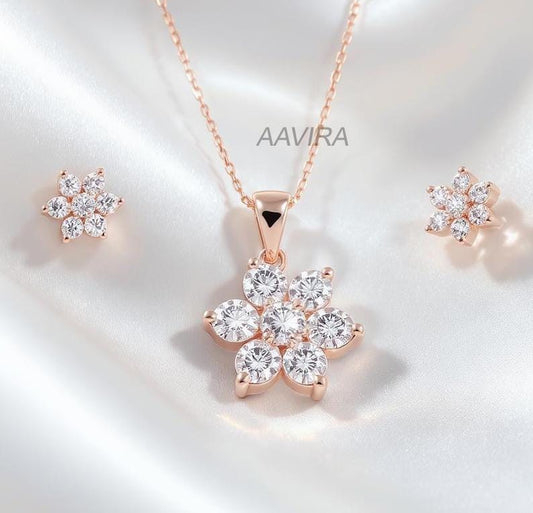 Moissanite Necklace & Stud Earrings, Wedding Jewelry Set for Women, Floral Shape Jewelry Set, Anniversary Gifts, Bridesmaid Jewelry Set