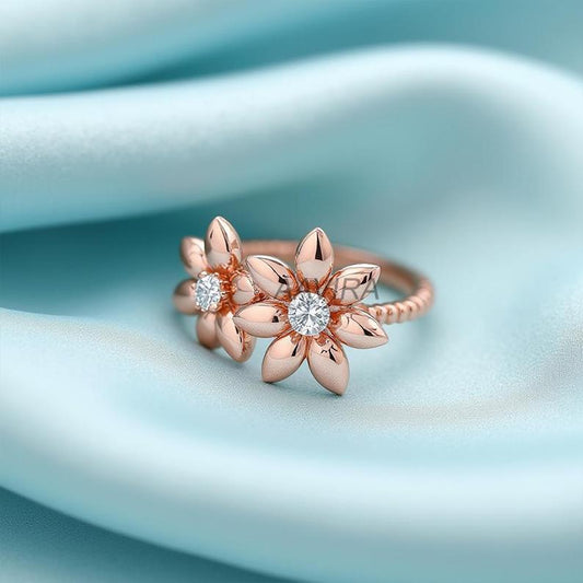 Floral Diamond Ring, Delicate 14k Rose Gold Ring, Rope Band Floral Ring, Two Flower Diamond Ring, Anniversary Gift for Her, Minimalist Ring