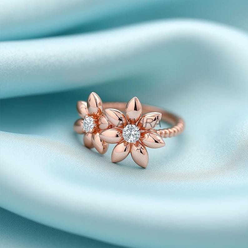 Floral Diamond Ring, Delicate 14k Rose Gold Ring, Rope Band Floral Ring, Two Flower Diamond Ring, Anniversary Gift for Her, Minimalist Ring